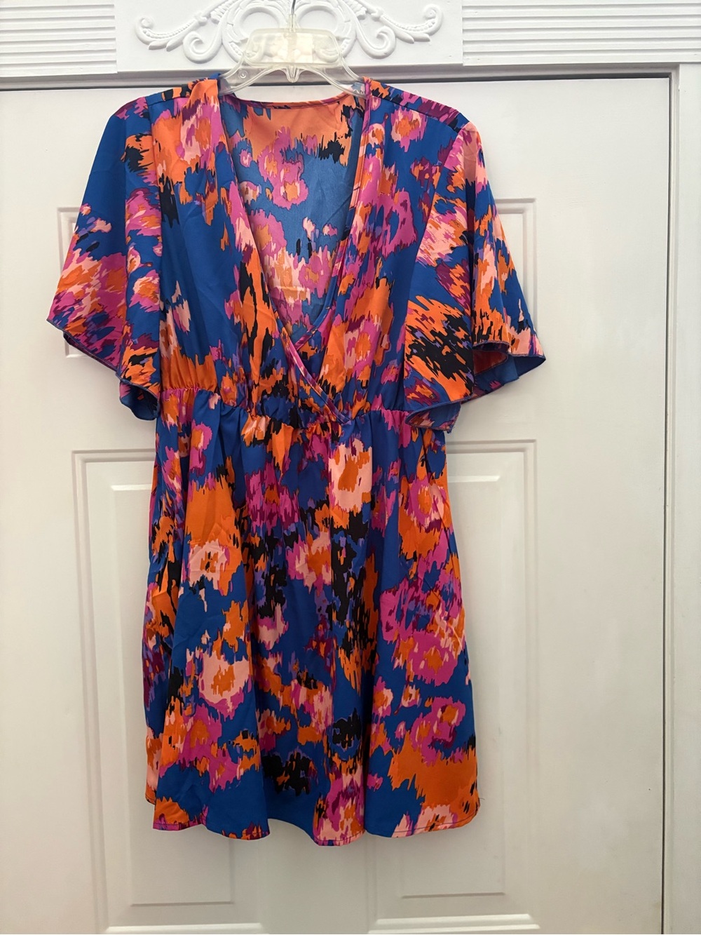 Vacation dress, Vibrant Royal Blue, Orange & Pink Floral V-Neck Dress